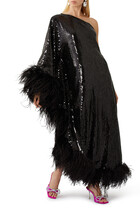 Disco Ubud One-Shoulder Feather-Trimmed Dress
